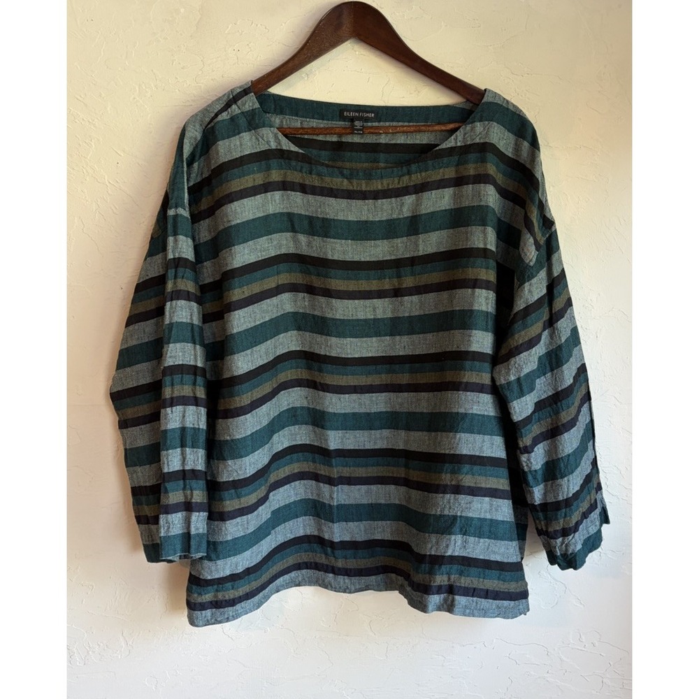 Eileen Fisher Organic Linen Striped Boxy Boat Neck Top XL Lagenlook Coastal